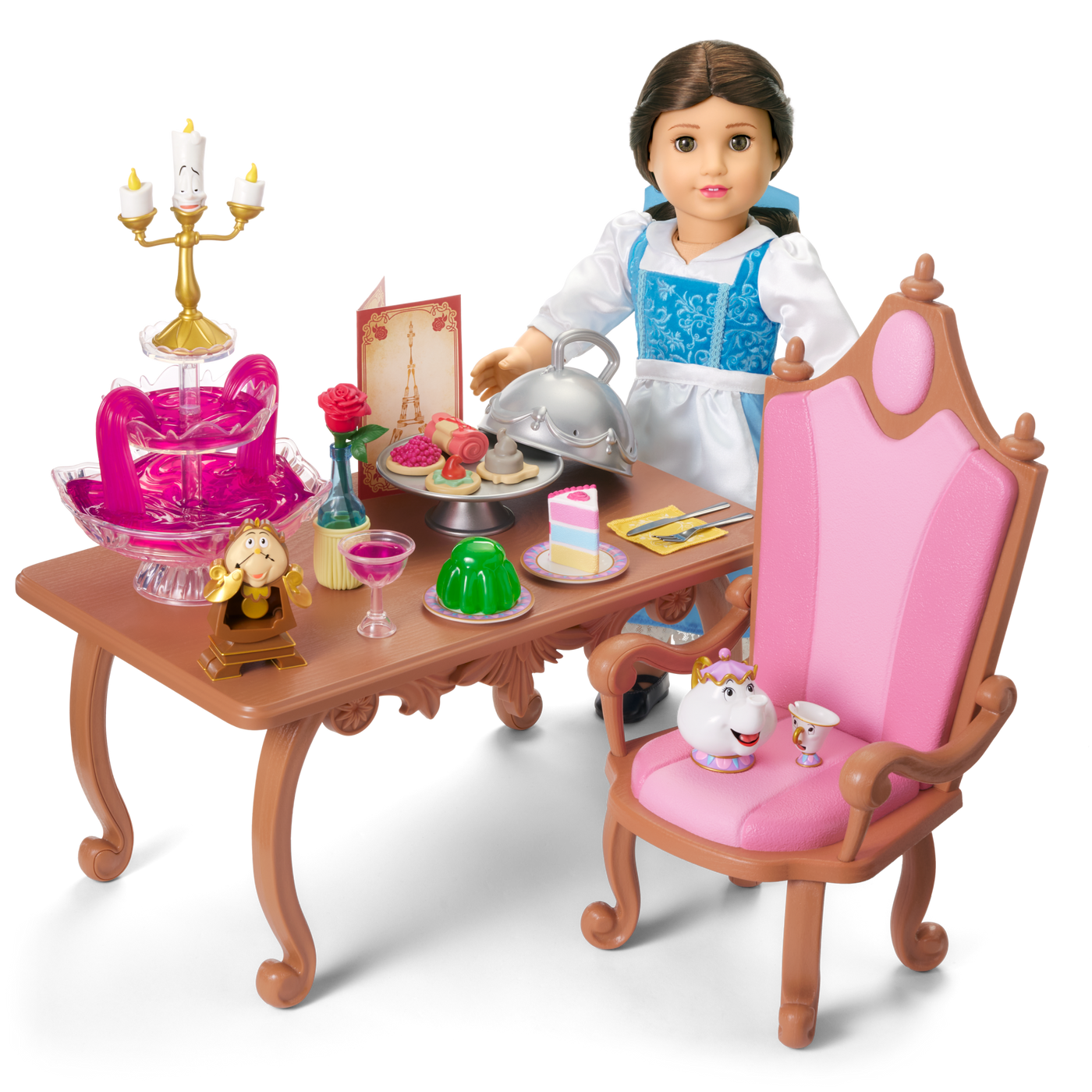 Disney Princess Belle Enchanted Castle Dining Set, Blue Dress & Friends Bundle for 18-inch Dolls Y4