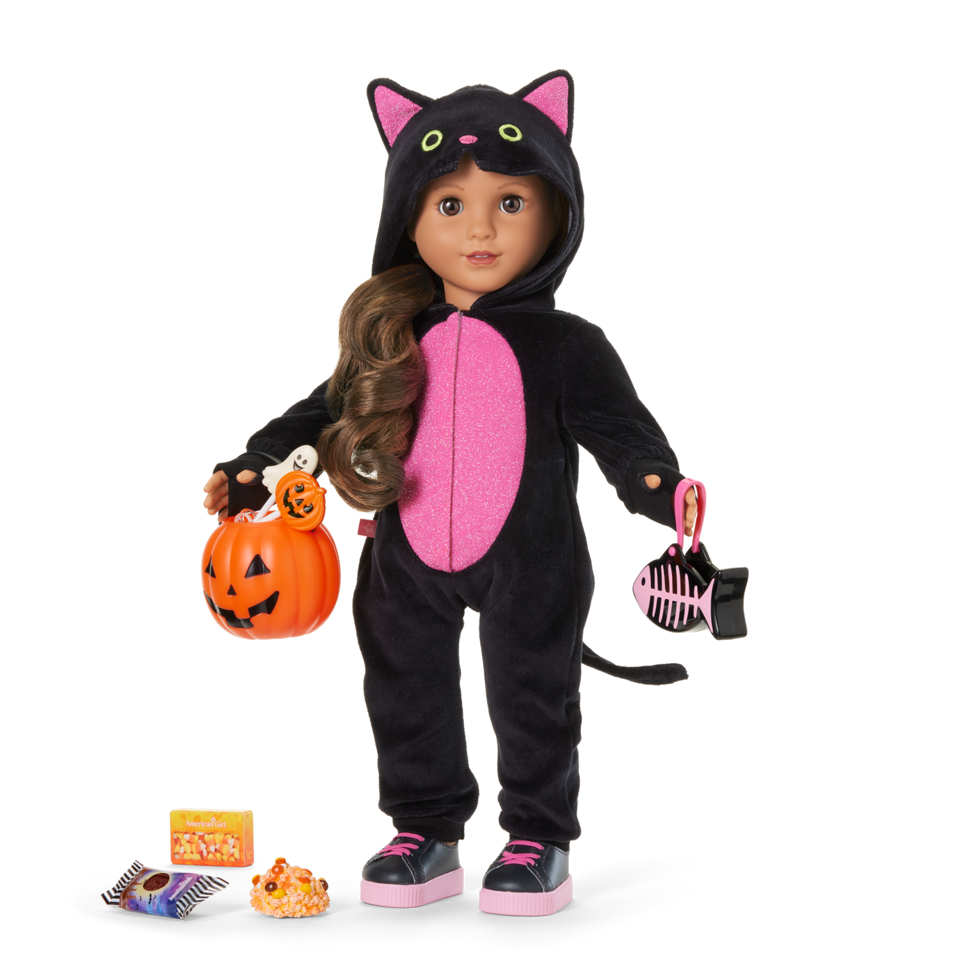 Claws & Cuddles Cat Costume & Trick-or-Treat Set Bundle for 18-inch Dolls R0